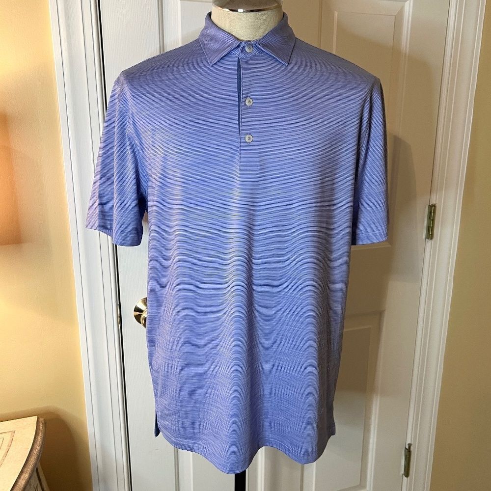 EUC Men's Johnnie-O Woodall Pinstripe Prep Peformance Polo Shirt Blue Sz MEDIUM